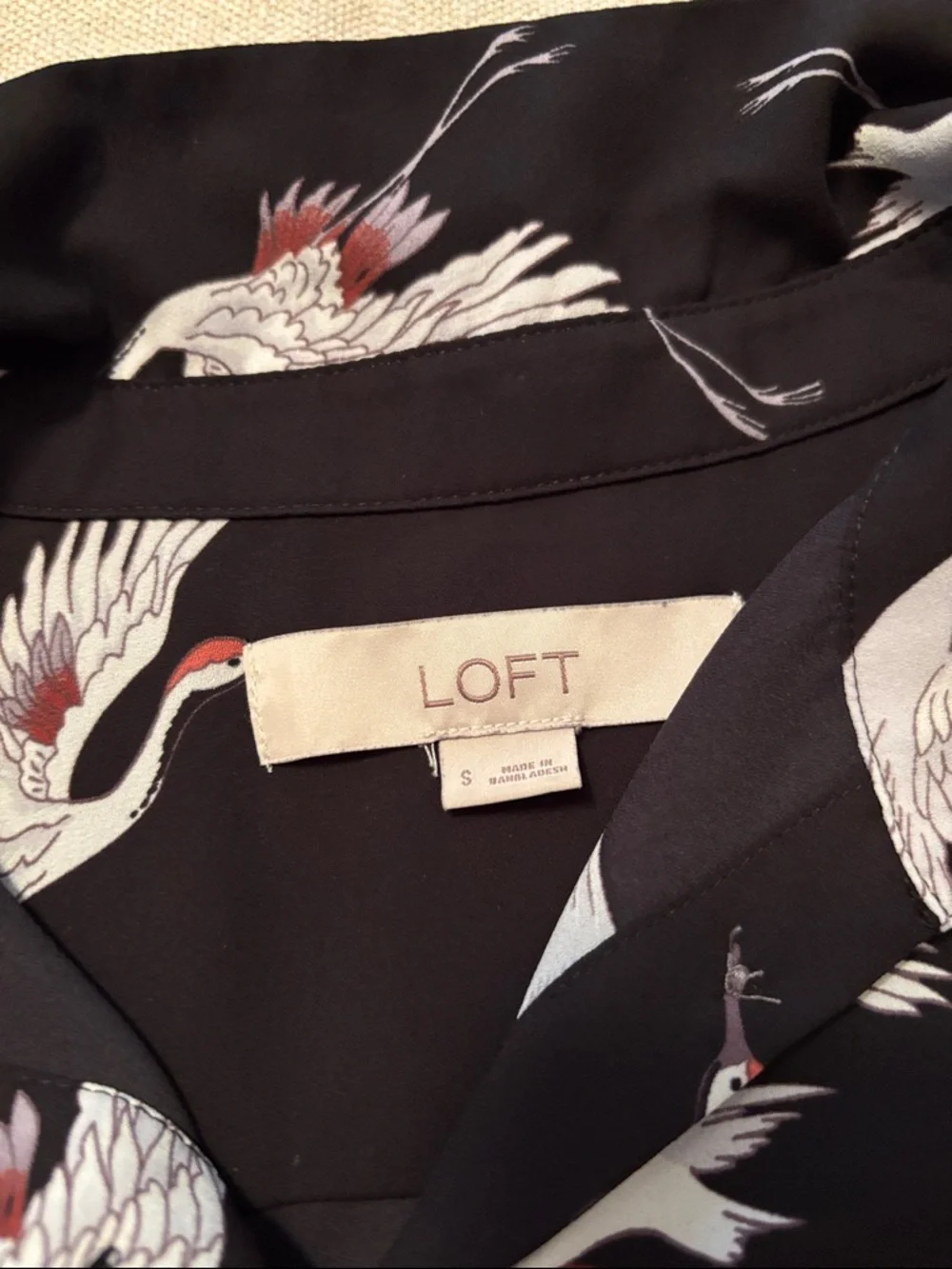 LOFT Black Crane Print Button-Down Blouse - Picture 2 of 7